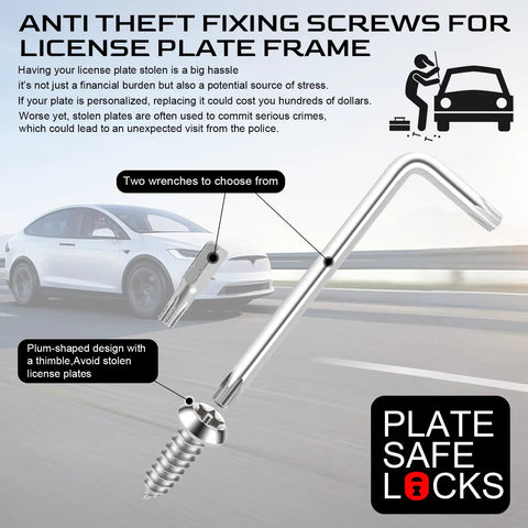 Heavy Duty Stainless Steel License Plate Screws Kit with wrenches and plum-shaped design for secure mounting.