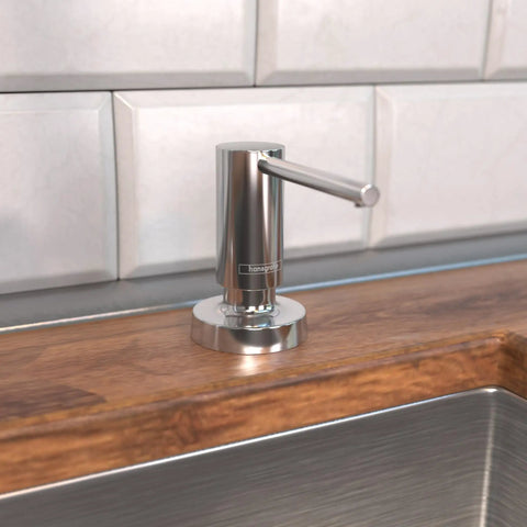 Talis Modern Soap Dispenser For Bath And Kitchen Sink Chrome Finish, 16 Oz Capacity, mounted on wood countertop by sink