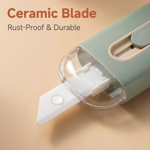 Grab-And-Go Safe Ceramic Box Cutter With Retractable Blade Mini Package Opener For Home Office And Warehouse Use Lightweight Ergonomic Green Tool, ceramic blade extended