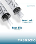 10ml Luer Lock Syringes No Needle Sterile Individually Wrapped Pack Of 100 showing Luer Lock and Luer Slip tips comparison