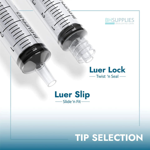 10ml Luer Lock Syringes No Needle Sterile Individually Wrapped Pack Of 100 showing Luer Lock and Luer Slip tips comparison