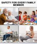 Safety for Every Family Member: Elderly couple, children playing, man with disability, and pregnant woman enjoying milk.