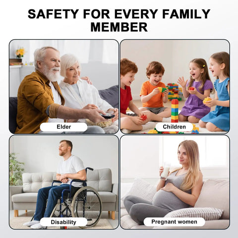 Safety for Every Family Member: Elderly couple, children playing, man with disability, and pregnant woman enjoying milk.