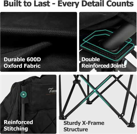 Oversized XL Camping Chair for Adults With 400 Pound Capacity Heavy Duty Padded Folding Seat Side Pocket Cup Holder Cooling Bag Included Ideal for Beach Camping RV Trips Outdoor Sports Garden and Lawn, features durable fabric, reinforced joints, stitching, and X-frame structure