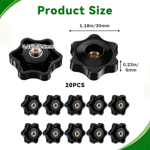 Twenty Count One Quarter Twenty Thread Star Knobs Durable Nylon Thumb Screws With Solid Brass Insert 30mm diameter for secure grip.