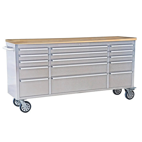 Beefy 72 Inch Rolling Tool Chest With Solid Wood Top And Stainless Steel Cabinet, 15 Drawers For Serious Storage, Locking Wheels And Built In Power Outlets, Mobile Workbench For Garage Shop And Workshop