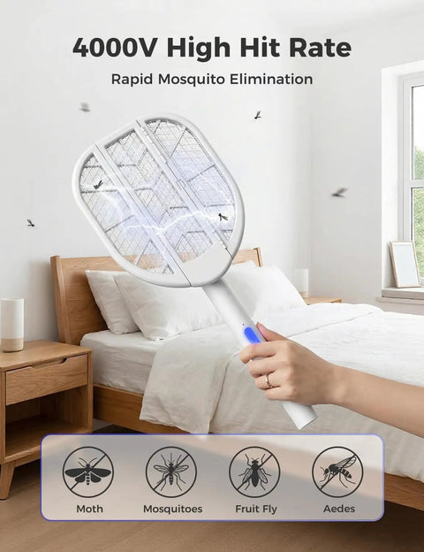 Foldable Electric Fly Swatter Racket With 4000V High Voltage in use in a bedroom, showing its capability to eliminate insects like mosquitoes and moths.