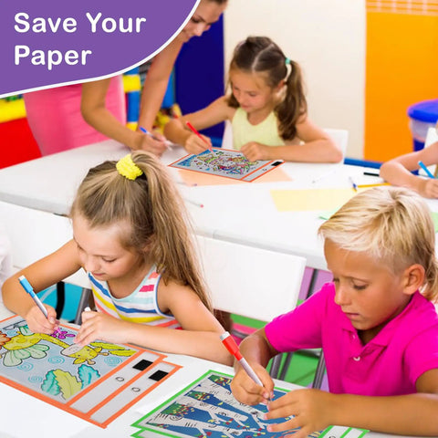 Children using Colorful Dry Erase Pockets Set 6 Pack 10 by 13 Inch Reusable Plastic Sleeves for classroom activities.