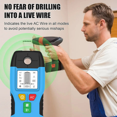 Xevaldric Wall Scanner 6-in-1 Stud Finder Metal Detector showing live wire detection feature for safe drilling.