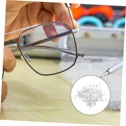 Heavy Duty Metal Eyeglass Screw Washers For Frameless Glasses Repair Kit With 200 Pieces Nut Washers, visible next to eyewear being repaired.