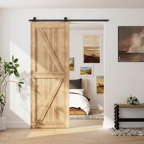 11Ft Sliding Track Barn Door Hardware Kit For A Single Wood Door Heavy Duty T Shaped Style Black installed in a living room