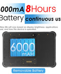 Close-up of Built Different 10.1 Inch Rugged Tablet With High Speed Barcode Scanner, showing 6000mAh battery and removable feature.