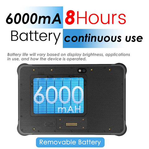Close-up of Built Different 10.1 Inch Rugged Tablet With High Speed Barcode Scanner, showing 6000mAh battery and removable feature.