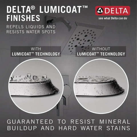 Universal Showerhead With Lumicoat Chrome Finish Model 52487-PR H2Okinetic Technology Delivers Rich Water Feel Wide Coverage And PowerDrench Spray For Powerful Consistent Showering Easy Clean Coating Resists Mineral Buildup comparison of finish with and without Lumicoat technology resisting water spots.