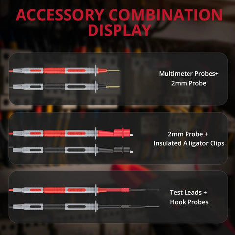 Accessory display of 28 Piece Silicone Multimeter Leads Kit With Replaceable Gold Plated Probes And Four Alligator Clips.