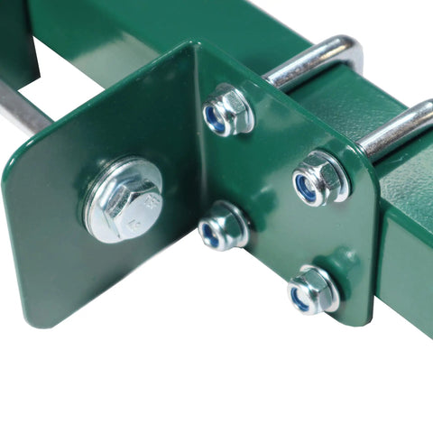 Close-up of green metal bracket for Back-To-Back Dual Glider Swing For Swing Sets Heavy Duty Two Person Tandem Swing with bolts visible.