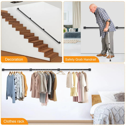 Rock Solid 15 Feet Square Tube Handrail Wall Mount Industrial Staircase Rail For Indoor Outdoor Steps Matte Black Cast Iron Grab Handle mounted on stairs.