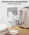 Real Deal Six Port Outlet Extender Surge Protector With Manual Switch And 360 Swivel Head To Easily Upgrade Any Wall Jack in a kitchen.