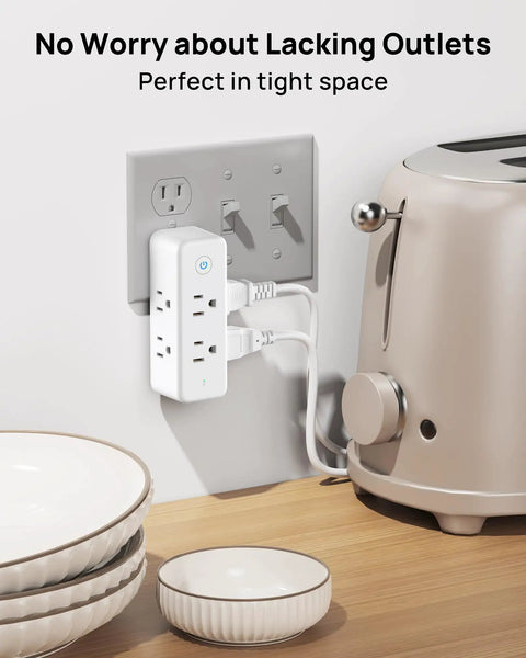 Real Deal Six Port Outlet Extender Surge Protector With Manual Switch And 360 Swivel Head To Easily Upgrade Any Wall Jack in a kitchen.