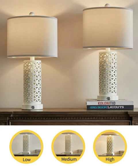 3-Way Dimmable Touch Control Dope Rustic Table Lamp Set Of 2 Vintage Farmhouse 21.25 Inch Tall Bedside Lamps With White Shade And USB Charging 2 Bulbs Included Perfect For Living Room Bedroom Nightstand Home Office