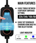 Tesla Portable Mobile Charger 32A Adjustable Amperage With Nacs J1772 Adapter Scheduled Smart Plug Touchscreen Display features adjustable amperage settings and charging timer.