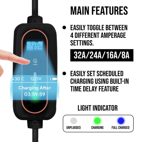 Tesla Portable Mobile Charger 32A Adjustable Amperage With Nacs J1772 Adapter Scheduled Smart Plug Touchscreen Display features adjustable amperage settings and charging timer.