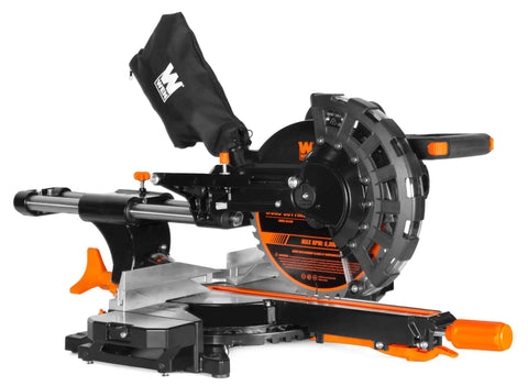 15 Amp 10 Inch Sliding Compound Miter Saw With Laser For Seriously Precise Cuts Crosscut Boards Up To 13.4 Inches Wide And 3.5 Inches Thick Bevel And Miter To 45 Degrees With Five Positive Stops Lock At Any Angle Includes A 40 Tooth Carbide Blade in side view