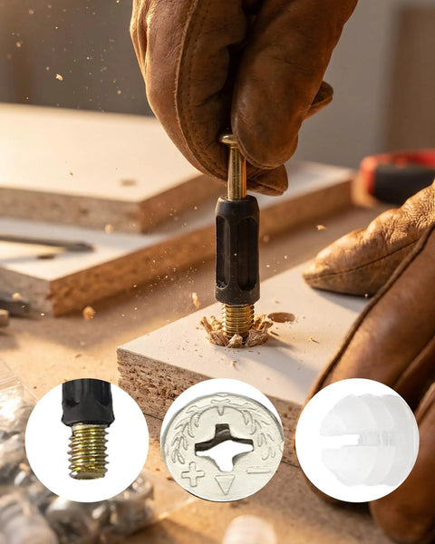 Hand assembling board using 25 Set 3 In 1 Furniture Fasteners Kit With M6 35mm Cam Bolts And 15mm Cam Lock Nuts Plus Pre Inserted Plastic Dowel