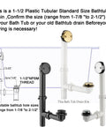 Straight Up Premium Bathtub Drain Kit With Golden Overflow Tube Assembly Touch Toe Stopper Corrosion Resistant Faceplate For Standard Baths No Fuss Drip Proof Design showing 1-1/2 inch plastic tubular drain options.
