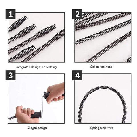 Heavy Duty 16mm Metal Drain Auger Snake 5 Meter Pipe Cleaning Tool For Sink Unclogging, showing coil spring heads and design details.