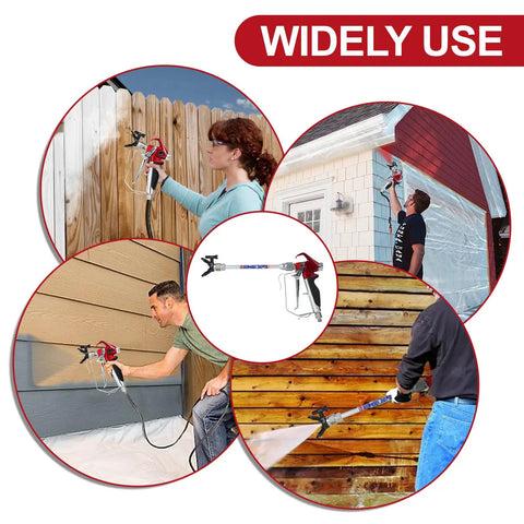 Heavy Duty High Pressure Airless Paint Primer Spray Gun Featuring Slick Reversible 517 Tip And Swivel Coupler Hooked With Ten Inch Extension Rod in use on various surfaces.