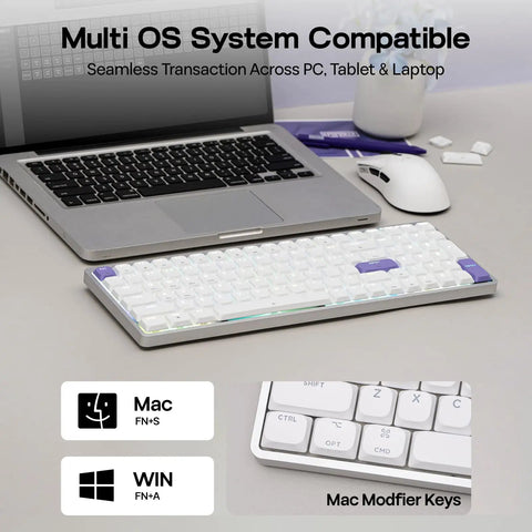 Premium Low Profile Aluminum Mechanical Keyboard With Full Via Programming Hot Swappable Switches Compact One Zero Layout shown beside laptop.