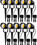 Low Voltage 12W LED Landscape Lights Set 12V Outdoor Waterproof Garden Pathway Lights With Spike Stands Super Bright 900 Lumens Per Light 10 Pack With Connectors Easy Install For Patio Backyard Security And Decor, featuring 10 LED lights with spikes.