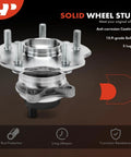 Two Pack Rear Wheel Bearing And Hub Assembly With ABS For FWD Toyota Lexus And Scion Models 2006 Through 2021 Including RAV4 HS250h NX200t NX300 NX300h iM And tC Not For AWD 5 Lug Bolt Pattern Plug N Play Direct Fit Replacement; close-up of wheel hub with bolts.