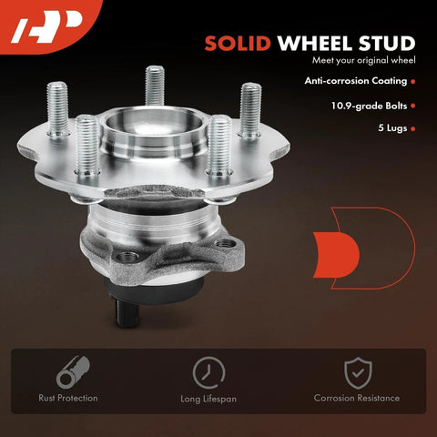 Two Pack Rear Wheel Bearing And Hub Assembly With ABS For FWD Toyota Lexus And Scion Models 2006 Through 2021 Including RAV4 HS250h NX200t NX300 NX300h iM And tC Not For AWD 5 Lug Bolt Pattern Plug N Play Direct Fit Replacement; close-up of wheel hub with bolts.
