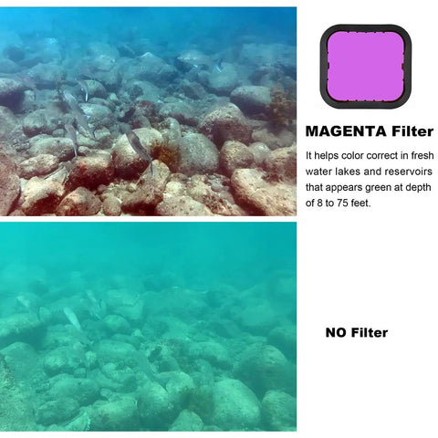 Comparison of underwater image with magenta filter and without, 3 Pack Dive Filter Set For GoPro Hero 5 6 7 Black Super Suit Housing.