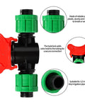 Close-up of 1/2 Inch Universal Drip Irrigation Shut Off Valve Set for Tubing with locking features and sturdy plastic material.