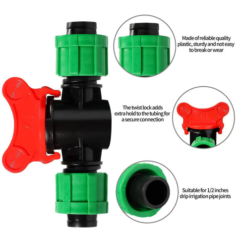 Close-up of 1/2 Inch Universal Drip Irrigation Shut Off Valve Set for Tubing with locking features and sturdy plastic material.