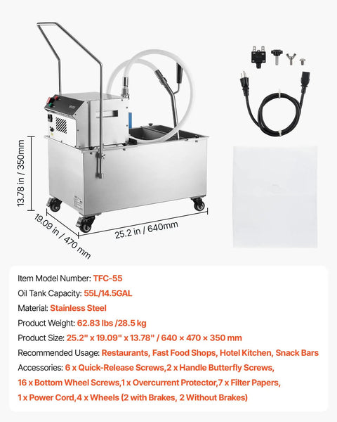 VEVOR Commercial Mobile Fryer Filter Truck Cart 55 Liter Oil Filtration System Stainless Steel with hose and wheels for kitchens.