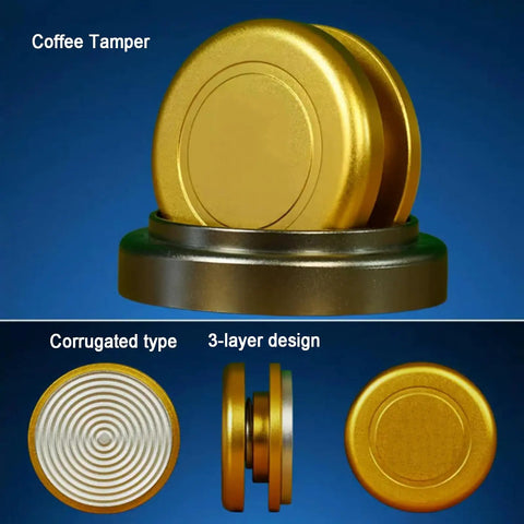 Coffee tamper featuring a gold design, corrugated type and 3-layer construction for use with espresso makers.