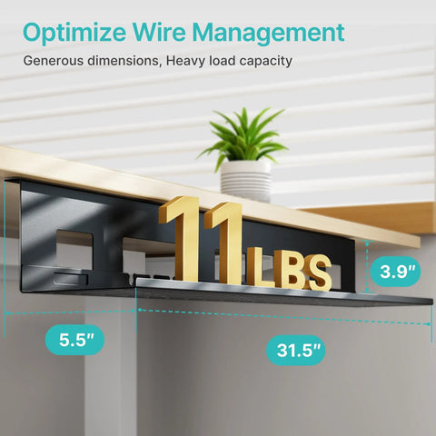 Under Desk Cable Management Tray 31.5 Inch Metal Cord Organizer Rack installed holding 11 lbs, showing dimensions and black steel finish.