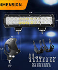 12 Inch 72W LED Light Bar Kit With 2 Pack 4 Inch 18W LED Pods Off Road Wiring Harness 16AWG 3 Leads For Truck SUV ATV UTV Golf Cart Boat With 2 Years Warranty, dimension view