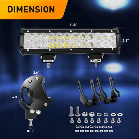 12 Inch 72W LED Light Bar Kit With 2 Pack 4 Inch 18W LED Pods Off Road Wiring Harness 16AWG 3 Leads For Truck SUV ATV UTV Golf Cart Boat With 2 Years Warranty, dimension view