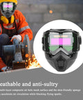 Auto Darkening Pro Grade Welder Helmet With Detachable Shield and Full Face Protection shown on a worker with sparks.