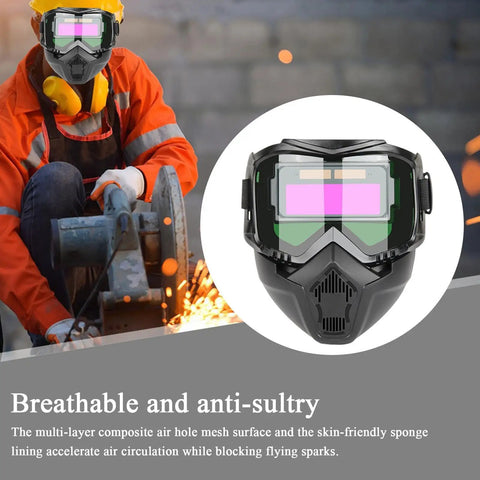 Auto Darkening Pro Grade Welder Helmet With Detachable Shield and Full Face Protection shown on a worker with sparks.