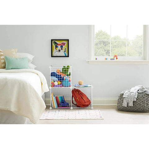 Bedroom with Three Piece Wire Stackable Cube Storage Set White For Closet Bookshelf And Toys Easy To Assemble