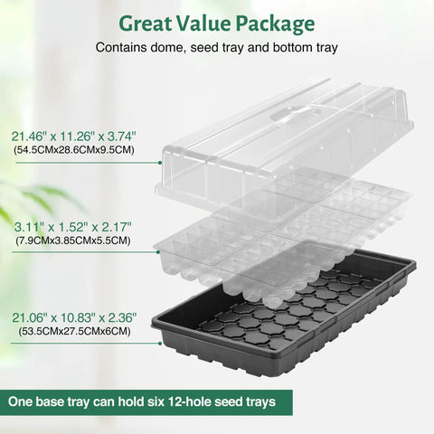 Diagram showing dimensions and components of Five Pack 1020 Seed Starter Trays With 3 Point 6 Inch Humidity Dome Germination Kit Mini Greenhouse