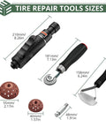 Shop Ready Heavy Duty Air Tire Buffer Kit Includes 2500 Rpm Pneumatic Grinder With Twin High Speed Tungsten Buffing Wheels Quick Scraper And Patch Roller Built Tough For Garage Pros showing tire repair tools sizes and dimensions.