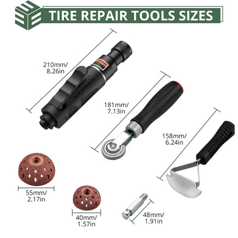 Shop Ready Heavy Duty Air Tire Buffer Kit Includes 2500 Rpm Pneumatic Grinder With Twin High Speed Tungsten Buffing Wheels Quick Scraper And Patch Roller Built Tough For Garage Pros showing tire repair tools sizes and dimensions.