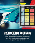 No Sweat Three Way Pool And Spa Water Testing Kit for fast chlorine bromine pH balance, showing color-coded test strips and pool backdrop.